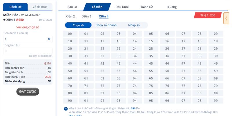 Cược Lô Xiên nhận về gấp 250 lần tiền vốn 